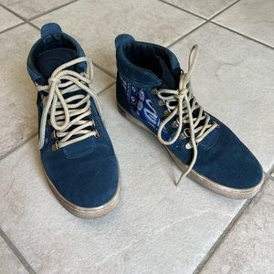 inkkas Navy Blue Suede High-Top Sneakers with Patterned Side Panel